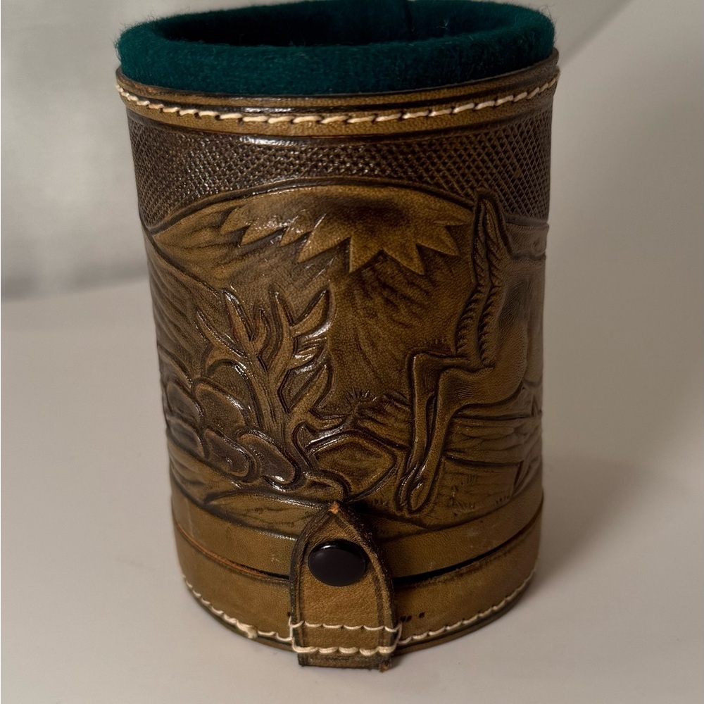 PYMSA Mexican Genuine Leather Felt Lined Dice Cup With Storage Deer Nature - Picture 3 of 7